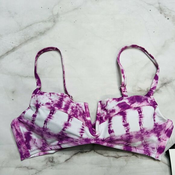 Bar III PURPLE FUCHSIA Summer Stripes V-Wire Bikini Swim Top M Bralette New - Picture 2 of 5